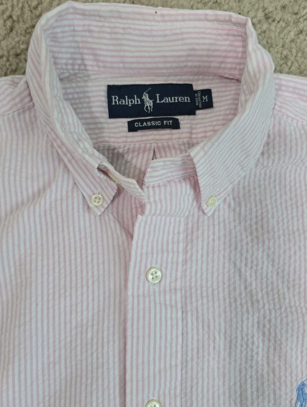 Men's Polo Ralph Lauren Shirt Long Sleeve Button Down Seersucker Size Medium
